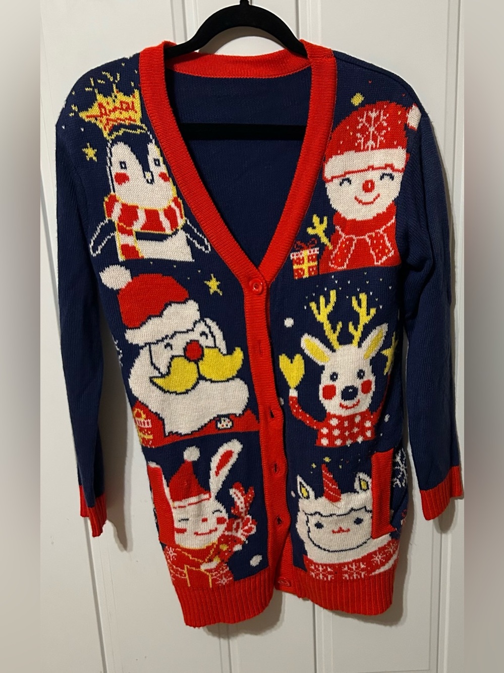 Navy and Red Holiday Cardigan Sweater